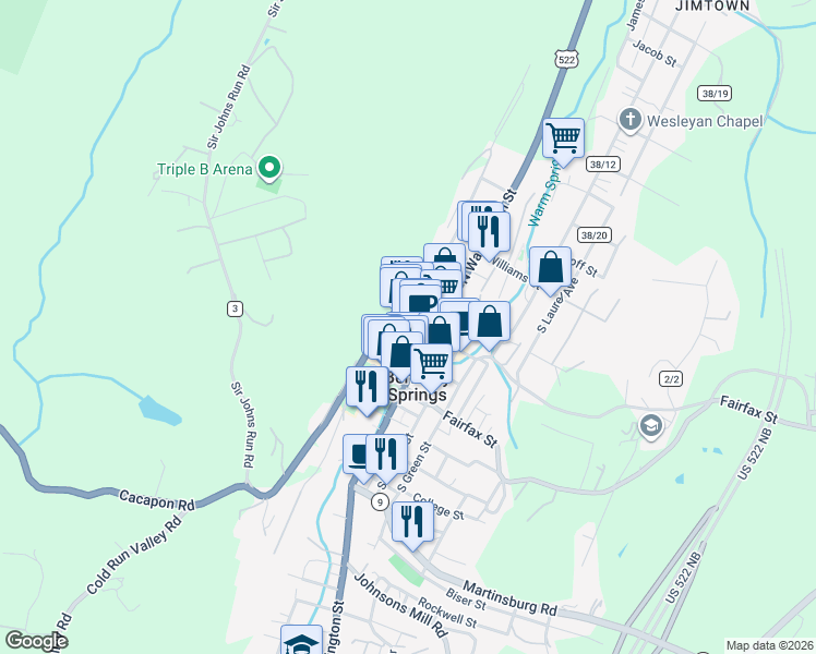 map of restaurants, bars, coffee shops, grocery stores, and more near 167 Wilkes Street in Berkeley Springs