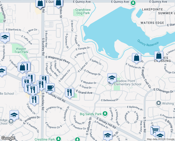 map of restaurants, bars, coffee shops, grocery stores, and more near 17410 East Whitaker Drive in Aurora