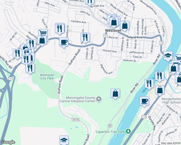map of restaurants, bars, coffee shops, grocery stores, and more near 125 Auburn Drive in Morgantown