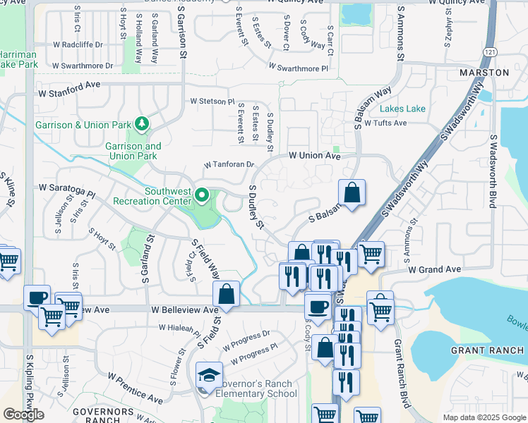 map of restaurants, bars, coffee shops, grocery stores, and more near 4896 South Dudley Street in Littleton