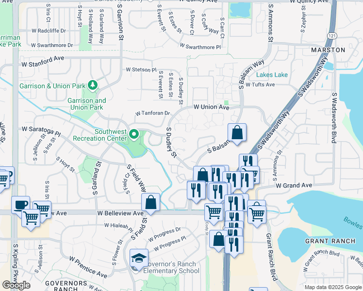 map of restaurants, bars, coffee shops, grocery stores, and more near 4896 South Dudley Street in Denver