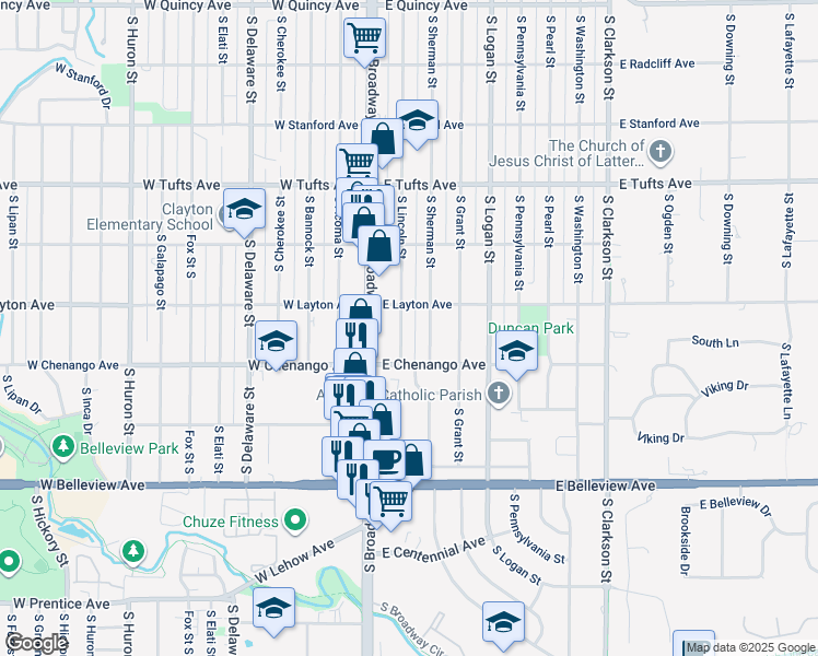 map of restaurants, bars, coffee shops, grocery stores, and more near 4854 South Lincoln Street in Englewood
