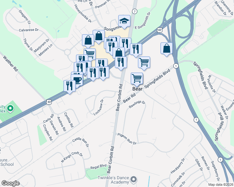 map of restaurants, bars, coffee shops, grocery stores, and more near 8 Lochview Drive in Bear