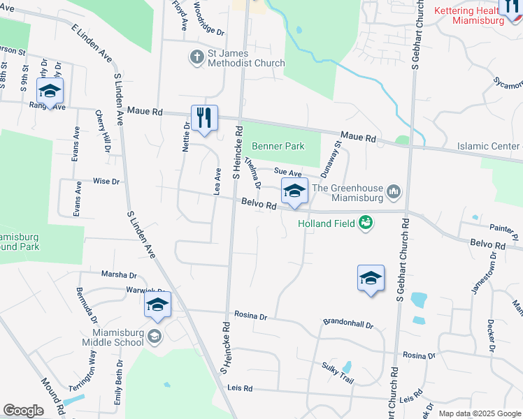 map of restaurants, bars, coffee shops, grocery stores, and more near 1610 Belvo Road in Miamisburg