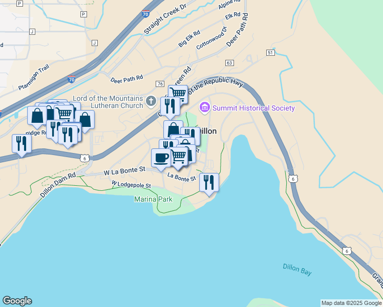 map of restaurants, bars, coffee shops, grocery stores, and more near 135 Main Street in Dillon