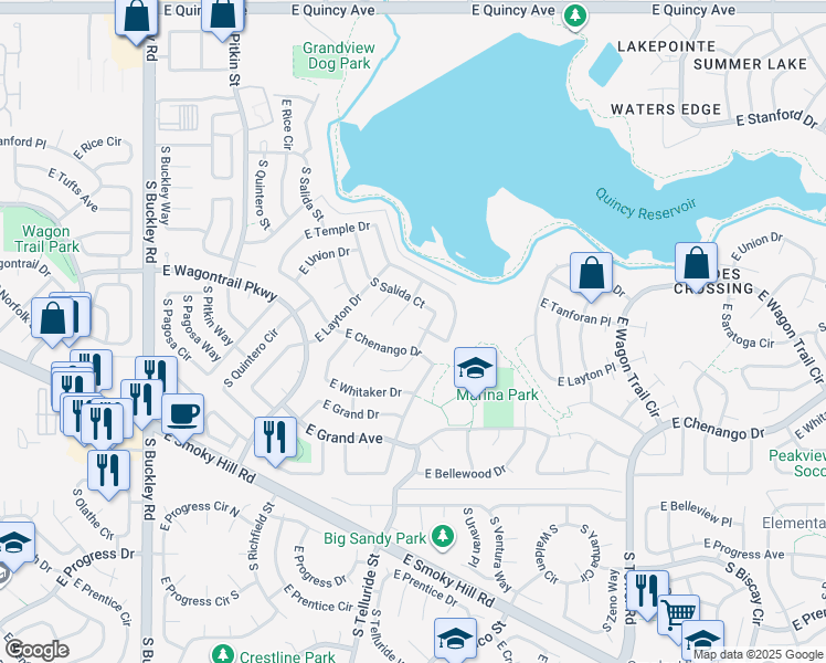 map of restaurants, bars, coffee shops, grocery stores, and more near in Aurora