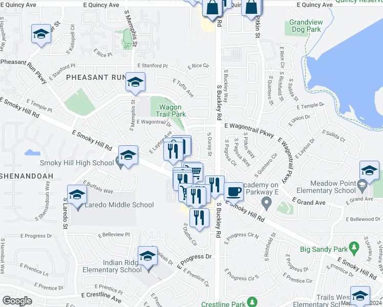 map of restaurants, bars, coffee shops, grocery stores, and more near 16739 East Layton Avenue in Aurora