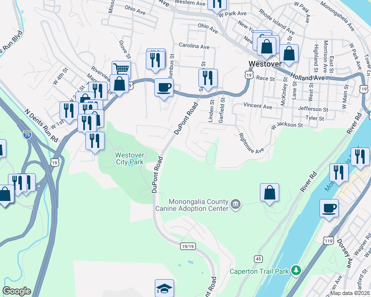 map of restaurants, bars, coffee shops, grocery stores, and more near 11-3 DuPont Road in Morgantown