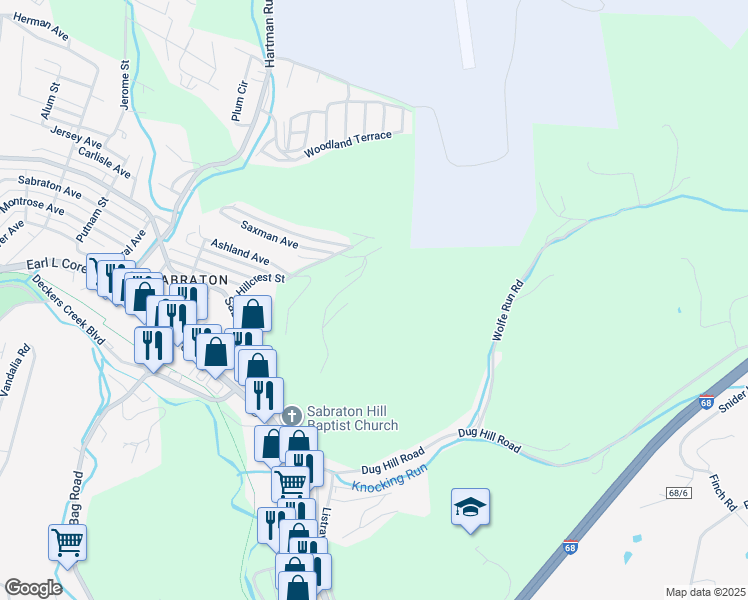 map of restaurants, bars, coffee shops, grocery stores, and more near Clearview Street in Morgantown