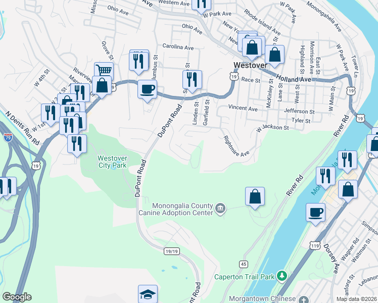 map of restaurants, bars, coffee shops, grocery stores, and more near 133 Auburn Drive in Morgantown