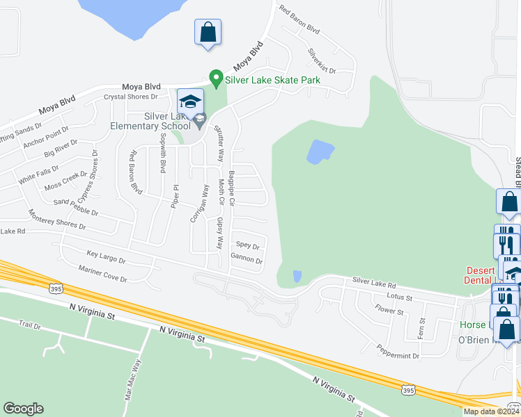 map of restaurants, bars, coffee shops, grocery stores, and more near 7424 Creekland Drive in Reno