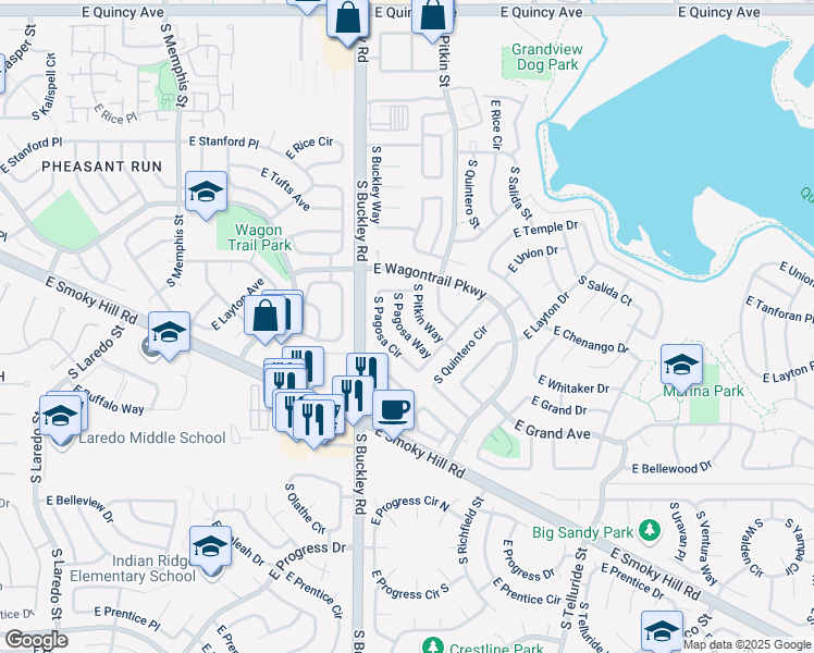 map of restaurants, bars, coffee shops, grocery stores, and more near 4831 South Pagosa Way in Aurora