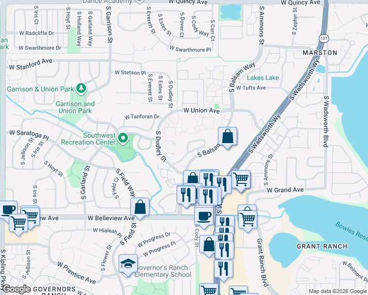 map of restaurants, bars, coffee shops, grocery stores, and more near 4896 South Dudley Street in Denver