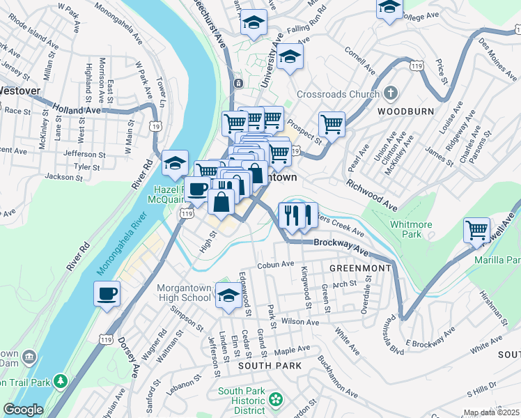 map of restaurants, bars, coffee shops, grocery stores, and more near 276 Walnut Street in Morgantown