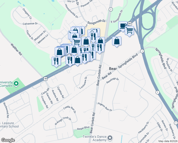 map of restaurants, bars, coffee shops, grocery stores, and more near 20 Lochview Drive in Bear