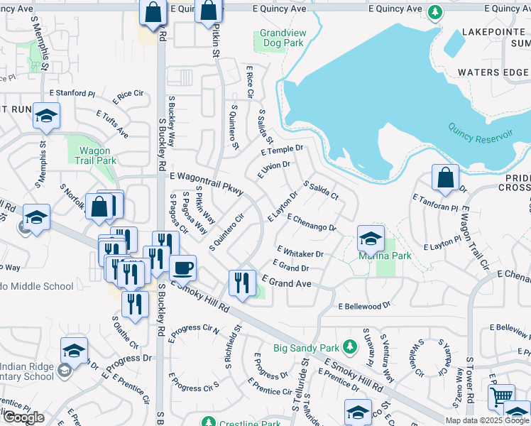 map of restaurants, bars, coffee shops, grocery stores, and more near 17285 East Wagontrail Parkway in Aurora