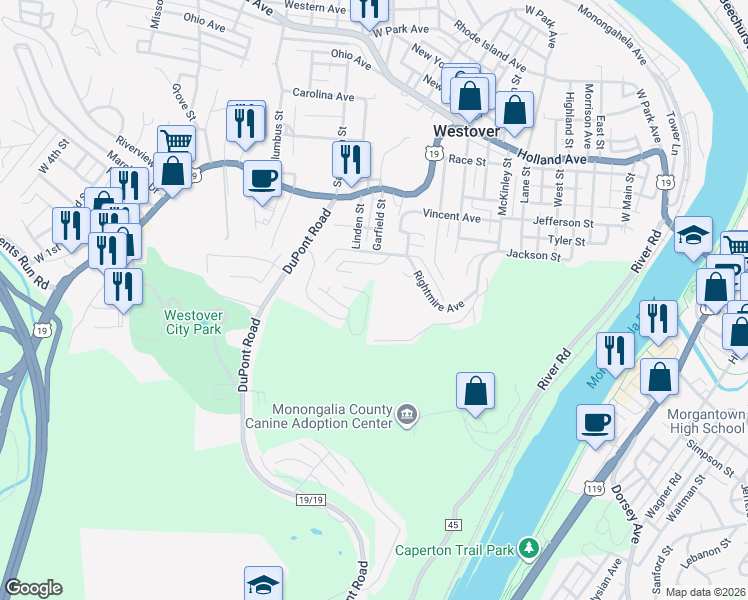 map of restaurants, bars, coffee shops, grocery stores, and more near 125 Auburn Drive in Morgantown