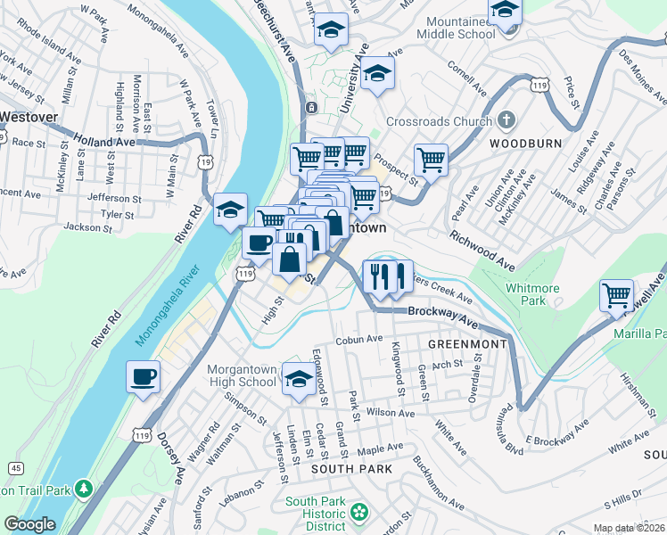 map of restaurants, bars, coffee shops, grocery stores, and more near 276 Walnut Street in Morgantown