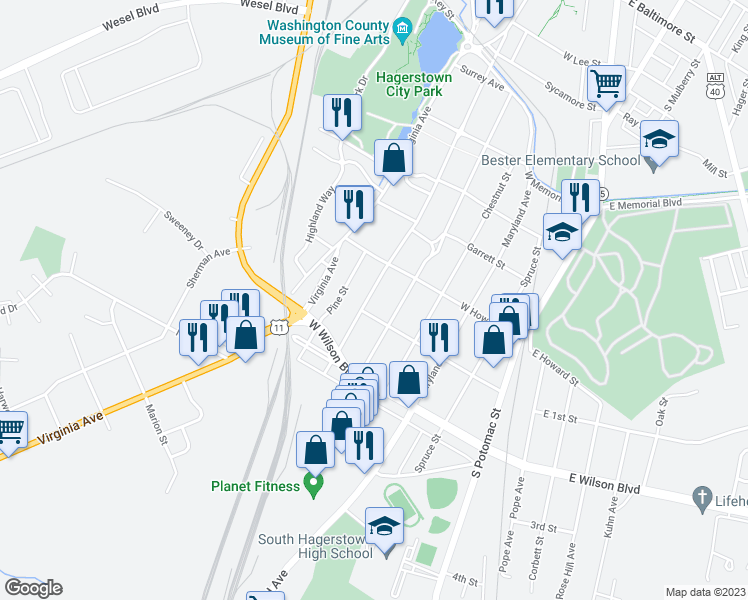 map of restaurants, bars, coffee shops, grocery stores, and more near 844 Summit Avenue in Hagerstown