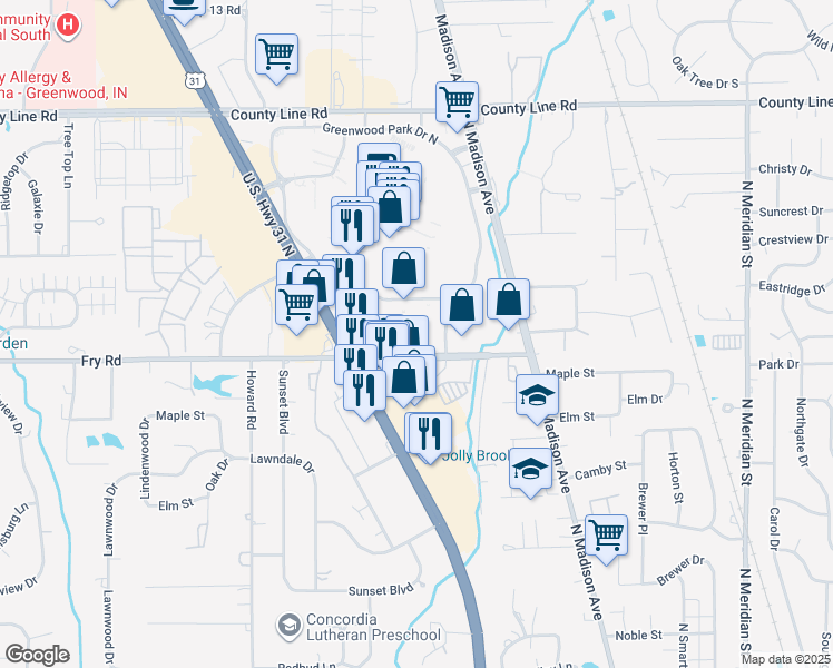 map of restaurants, bars, coffee shops, grocery stores, and more near 550 Fry Road in Greenwood