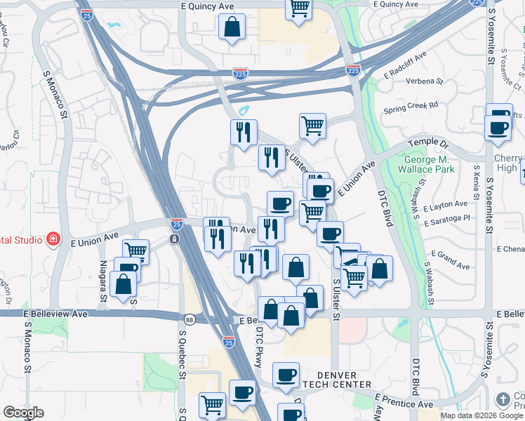 map of restaurants, bars, coffee shops, grocery stores, and more near 4600 South Syracuse Street in Denver