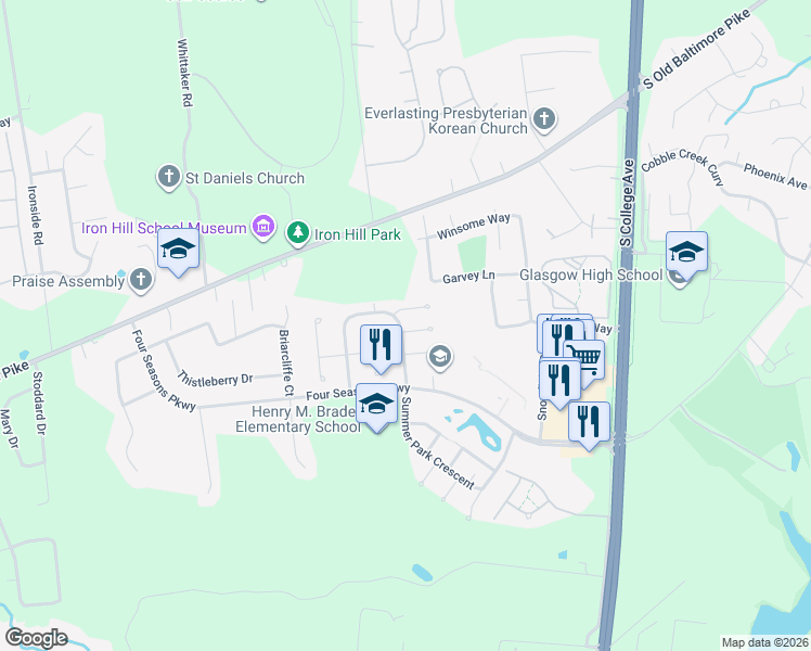 map of restaurants, bars, coffee shops, grocery stores, and more near 115 Autumn Horseshoe Bend in Newark