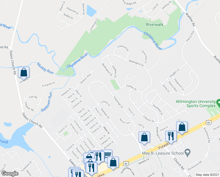 map of restaurants, bars, coffee shops, grocery stores, and more near 205 Flamingo Drive in Newark