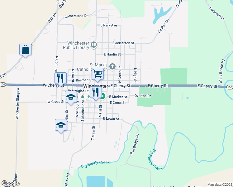 map of restaurants, bars, coffee shops, grocery stores, and more near 200-240 E Market St in Winchester