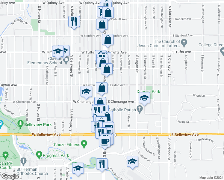 map of restaurants, bars, coffee shops, grocery stores, and more near 4819 South Lincoln Street in Englewood