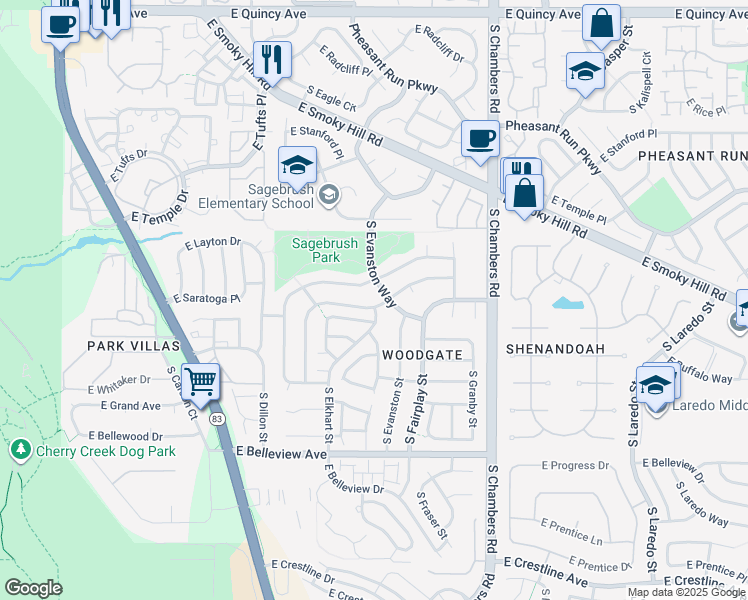map of restaurants, bars, coffee shops, grocery stores, and more near 4803 South Eagle Circle in Aurora