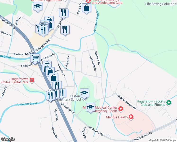 map of restaurants, bars, coffee shops, grocery stores, and more near 6 Princeton Place in Hagerstown