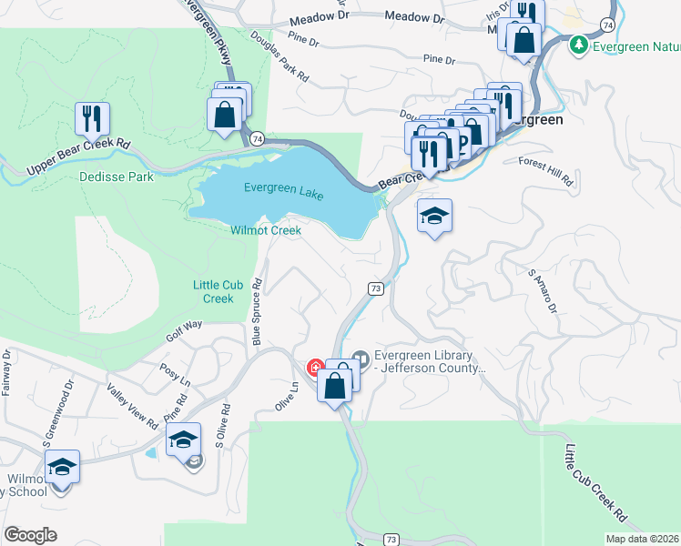 map of restaurants, bars, coffee shops, grocery stores, and more near 4833 South Cedar Road in Evergreen