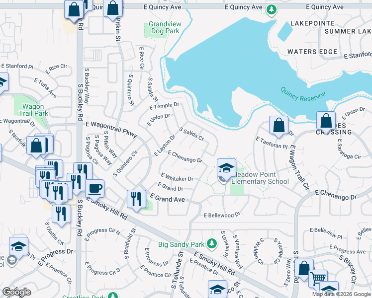 map of restaurants, bars, coffee shops, grocery stores, and more near 17453 East Chenango Drive in Aurora