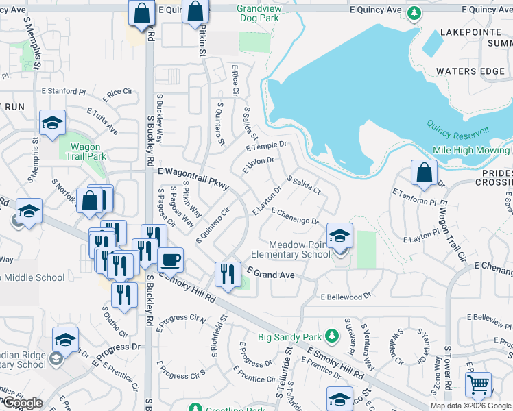 map of restaurants, bars, coffee shops, grocery stores, and more near 17296 East Wagontrail Parkway in Aurora