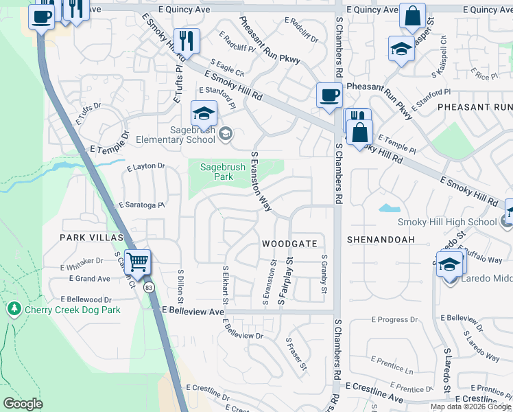 map of restaurants, bars, coffee shops, grocery stores, and more near 4803 South Eagle Circle in Aurora