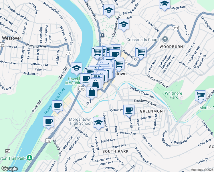 map of restaurants, bars, coffee shops, grocery stores, and more near 110 Adams Street in Fairmont