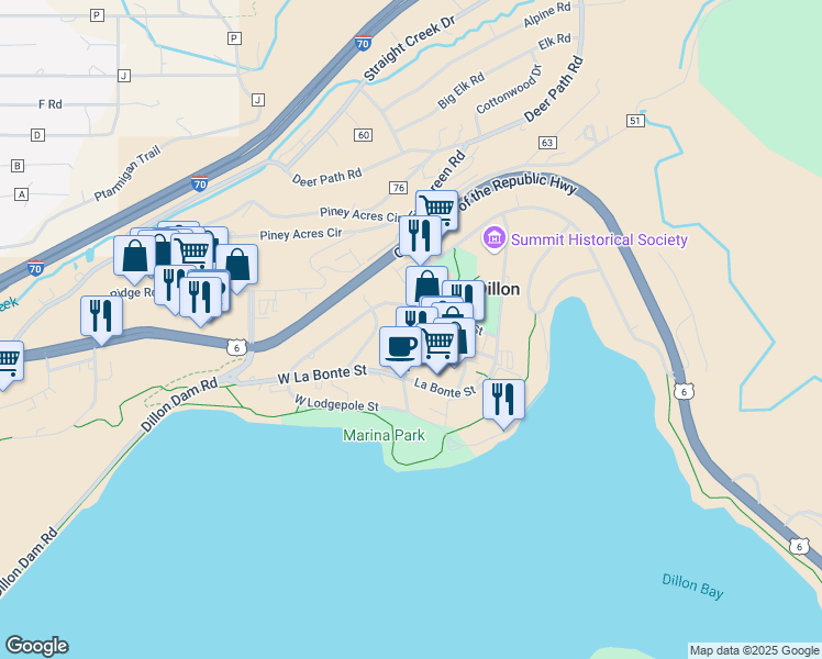 map of restaurants, bars, coffee shops, grocery stores, and more near Lake Dillon Drive in Dillon