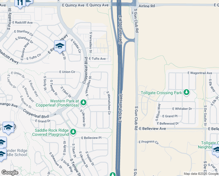map of restaurants, bars, coffee shops, grocery stores, and more near 22996 East Layton Avenue in Aurora