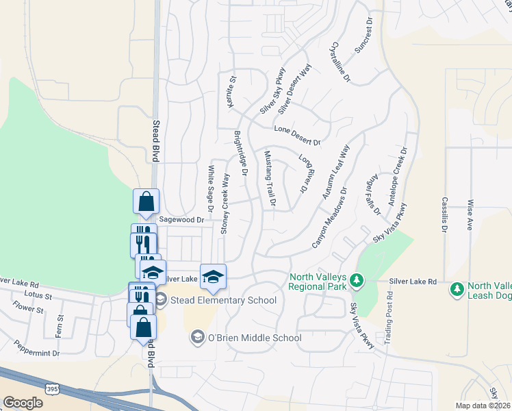 map of restaurants, bars, coffee shops, grocery stores, and more near 9330 Brightridge Drive in Reno