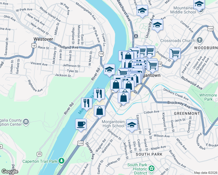 map of restaurants, bars, coffee shops, grocery stores, and more near 1390 University Avenue in Morgantown