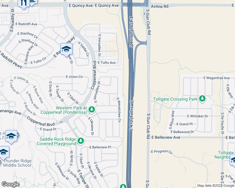 map of restaurants, bars, coffee shops, grocery stores, and more near 22996 East Layton Avenue in Aurora