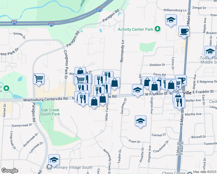 map of restaurants, bars, coffee shops, grocery stores, and more near 359 Miamisburg Centerville Road in Dayton