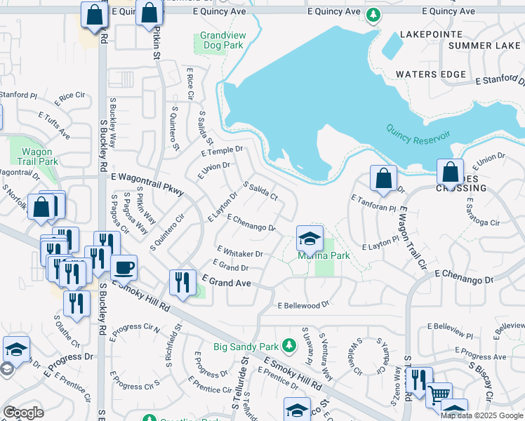 map of restaurants, bars, coffee shops, grocery stores, and more near in Aurora