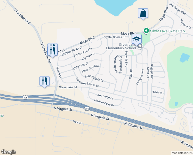 map of restaurants, bars, coffee shops, grocery stores, and more near 7930 Sand Pebble Drive in Reno