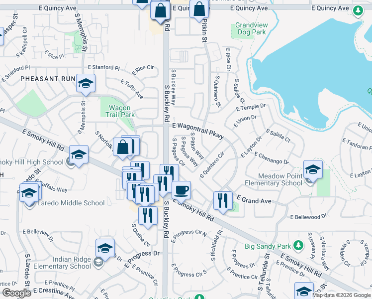 map of restaurants, bars, coffee shops, grocery stores, and more near 4814 South Pagosa Way in Aurora