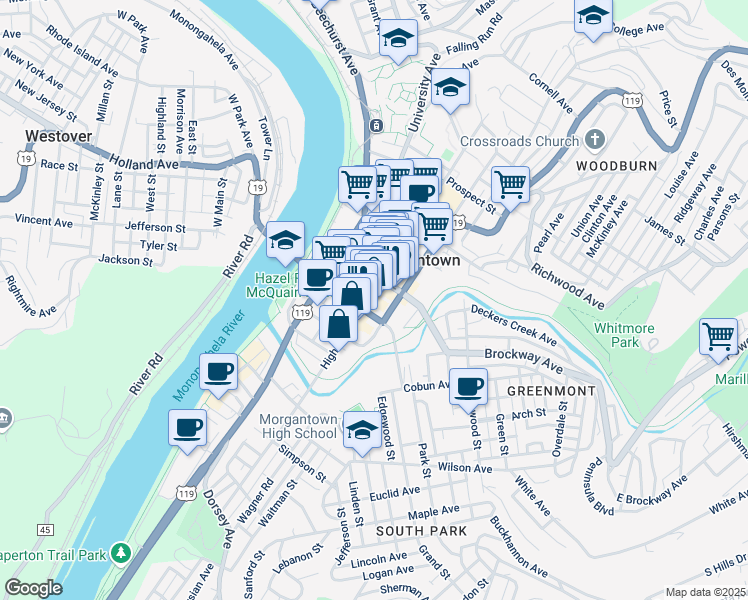 map of restaurants, bars, coffee shops, grocery stores, and more near 110 Adams Street in Fairmont