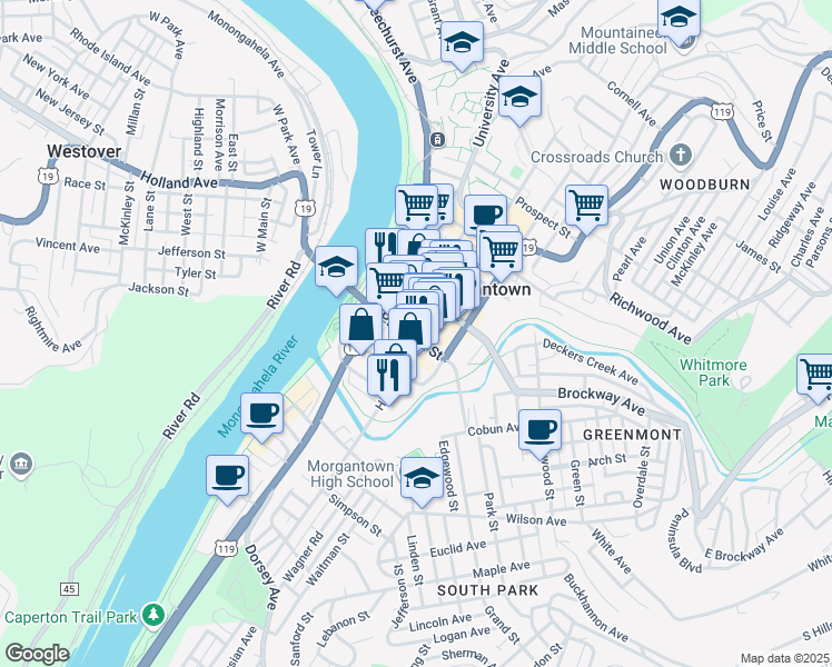 map of restaurants, bars, coffee shops, grocery stores, and more near 201 High Street in Morgantown