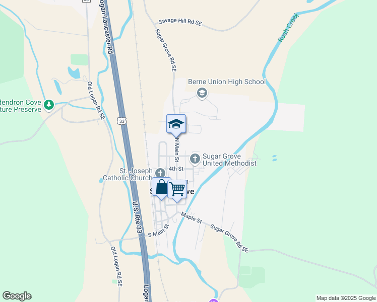 map of restaurants, bars, coffee shops, grocery stores, and more near 506 North Main Street in Sugar Grove