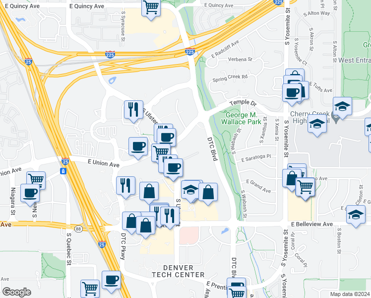 map of restaurants, bars, coffee shops, grocery stores, and more near 8110 East Union Avenue in Denver