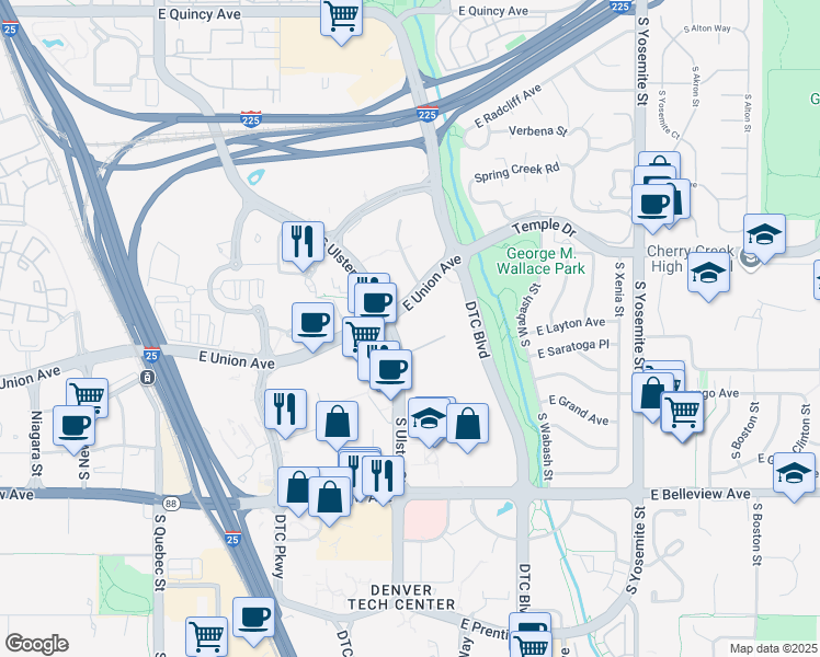 map of restaurants, bars, coffee shops, grocery stores, and more near 8110 East Union Avenue in Denver